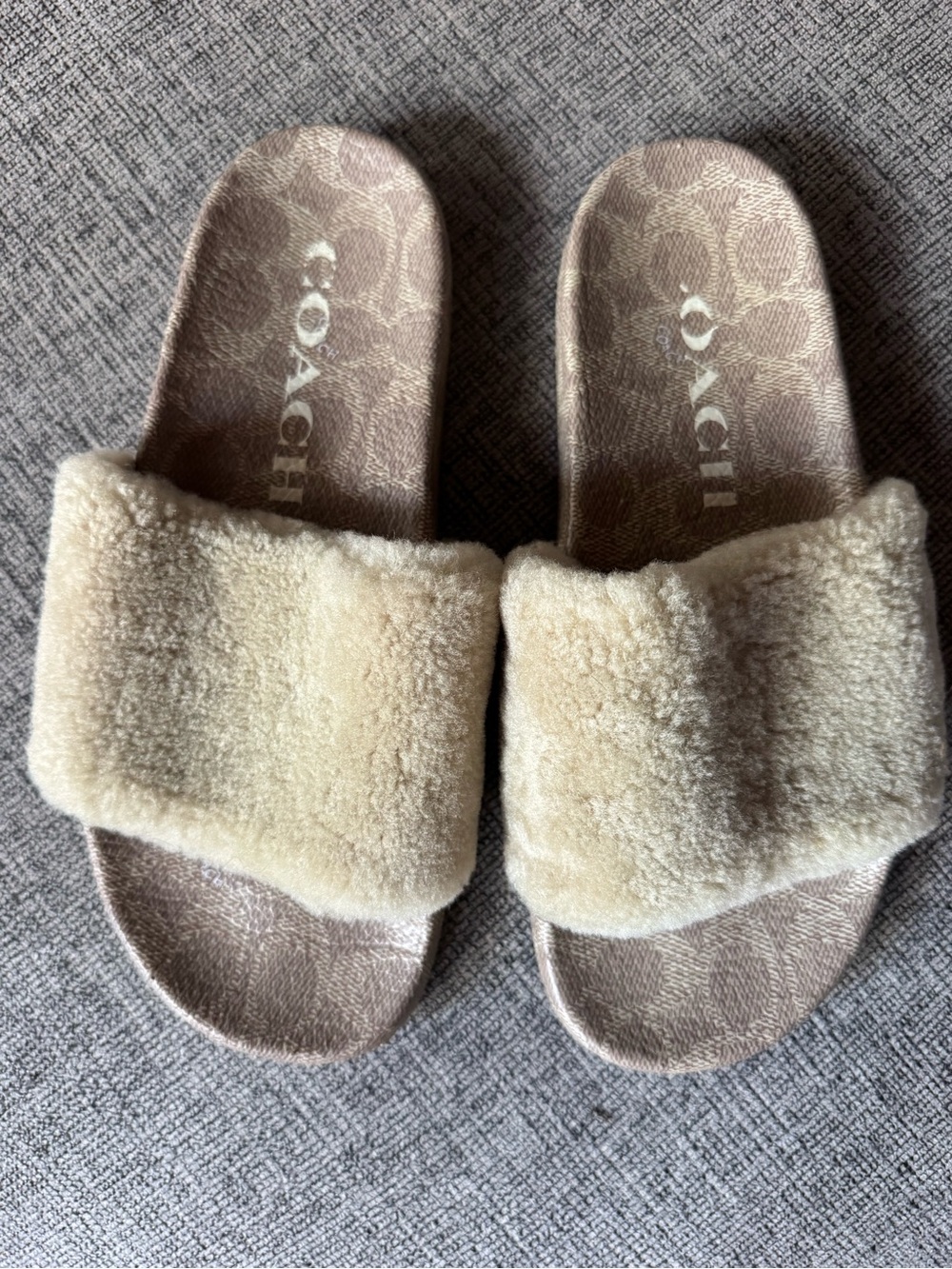 Coach Tan Shearling Logo Slide Sandals